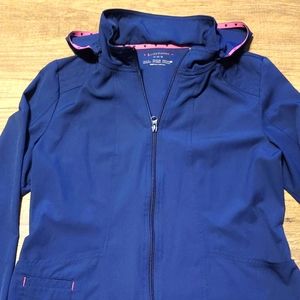 Scrub Jacket by Heart Soul sz Med Navy Blue/Pink hearts